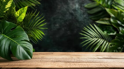 Tranquil Garden Scene: Rustic Wooden Table Amidst Lush Foliage