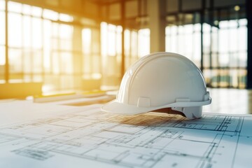 White hard hat rests on blueprints. Illustrates construction planning & safety.