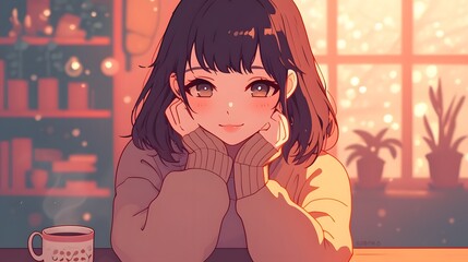 Cozy winter vibe anime girl in warm lofi background