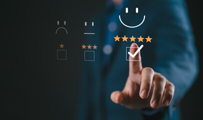 Customer Satisfaction Survey Concept, Users Rate Service Experiences On Online Application, Customers Can Evaluate Quality Of Service Leading To Business Reputation Rating. Good feedback and review.