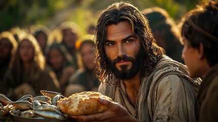 The miracle of multiplication two loaves, Jesus, the five bread and two fish.  Cinco Pães e dois pexinhos, o milagre da multiplicação dos pães