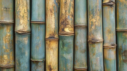 Obraz premium 14.Detailed bamboo fence texture in a processed collage, showing a grid of vertically arranged green bamboo stalks. The surface features fine details like natural splits and color shifts between