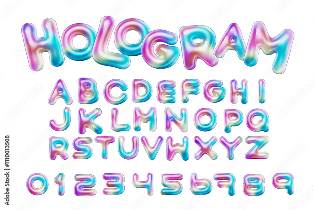 Fototapete 3d style vector of inflated glossy hologram alphabet and numbers on white background