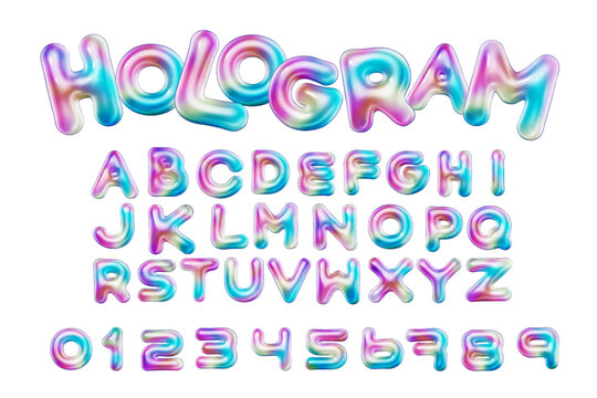 3d style vector of inflated glossy hologram alphabet and numbers on white background