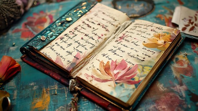 Open handcrafted journal with floral art and handwritten text.