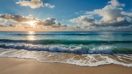 Fototapeta premium Serene beach scene with gentle waves and a bright blue sky.