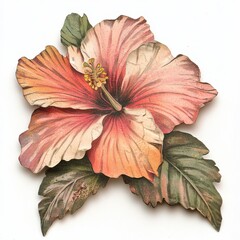 Vintage scrapbook style collage paper cutout of a hibiscus on white background.