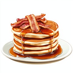 A stack of fluffy pancakes with maple syrup and bacon strips, isolated white background, pop art style