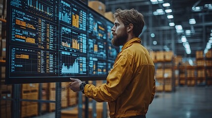 Logistics Manager Analyzing Supply Chain Data on Large Digital Screen