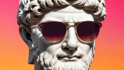 Naklejka premium pink to orange gradient background with a close-up Greek marble head bust on party sunglasses