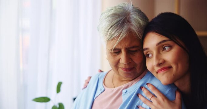 Hug, grandma and woman with support, love and remember loss, widow and bonding of family in house. Apartment, embrace and affection for senior person, grieving and granddaughter with care in home