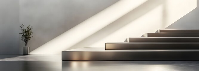 Obraz premium Sleek metallic podium on a polished floor with smooth shadows, set against a simple light-colored background and large empty space for product placement.