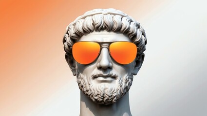 orange to white gradient background with a close-up Greek marble head bust on party sunglasses