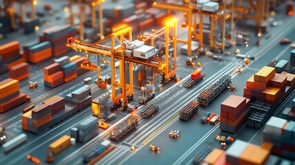 Aerial view of a busy container port with cargo cranes, containers, and transport vehicles.