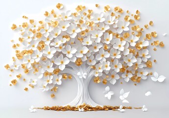 3D luxury tree with white and gold flowers on a gray background, white wall mural design vector illustration with a tree made of small yellow petals, the tree of life concept