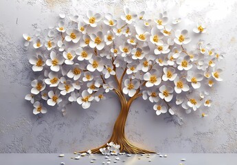 3D luxury tree with white and gold flowers on a gray background, white wall mural design vector illustration with a tree made of small yellow petals, the tree of life concept