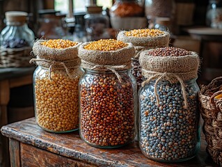 A Rustic Kitchen Display of Wholesome Grains Seeds and Legumes for Healthy Cooking