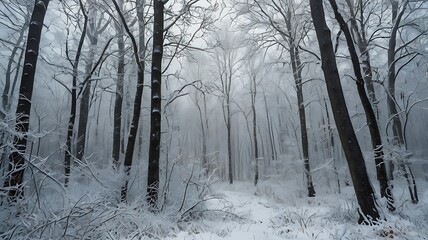 Naklejka premium Snowstorm in a Winter Forest: Mystical Snow-Covered Trees
