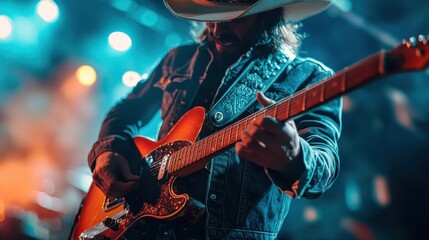 Country singer playing electric guitar on stage. Perfect for music, concert, and country themes.