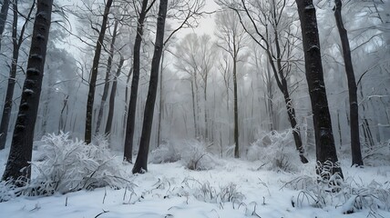 Naklejka premium Snowstorm in a Winter Forest: Mystical Snow-Covered Trees