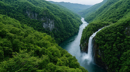 Fototapeta premium Long River and Waterfall in Green Mountains