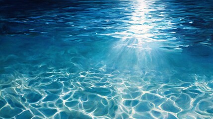 59.Sparkling sunlight hitting the surface of the blue ocean, creating shimmering reflections and a radiant glow. Beneath the surface, the water is crystal clear, revealing delicate ripples and the