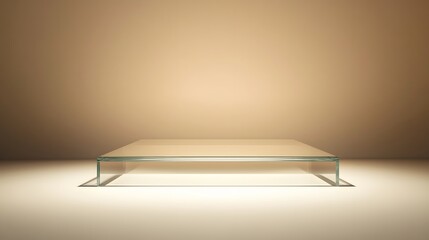 Floating glass podium with clean edges, illuminated from above, against a soft beige background with lots of negative space.