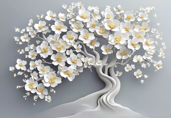 3D tree with white and gold flowers on a gray background, vector illustration design for a wall mural