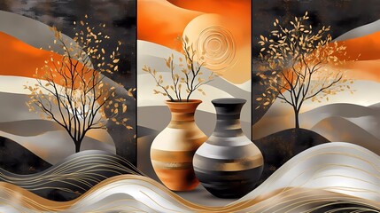 3D wallpaper, a triptych of abstract vases and circular tree patterns in orange, brown, grey, and beige tones, with golden lines on a dark background, gold leaf accents