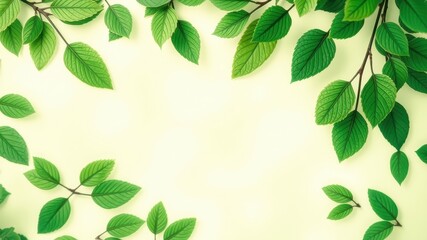 Fototapeta premium A vibrant green leaf border arranged symmetrically on a soft yellow background, offering a minimalist natural aesthetic for design projects.