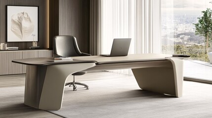 62.Office Table with Light-Colored, Smooth Surface in Modern Office Setting