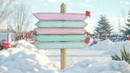 Fototapeta premium Whimsical Christmas Signpost in a Winter Wonderland Setting
