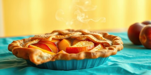 A freshly baked peach pie, still steaming, rests in a blue ceramic pie dish on a turquoise tablecloth.