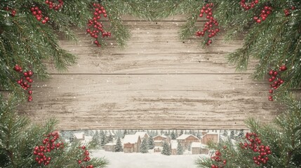 Festive Winter Wooden Sign with Pine Branches and Red Berries in Snowy Village Setting for Christmas Promotions
