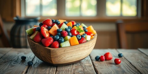 A rustic wooden bowl overflowing with a vibrant mix of sliced strawberries, cantaloupe, blueberries, and melon, resting on a weathered wooden table surface.