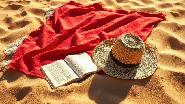 A red beach towel, a woven straw hat, and an open book lie on soft golden sand.