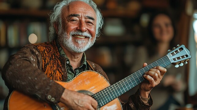 A senior man joyfully learning to play the guitar with a patient young instructor beside him in a cozy room