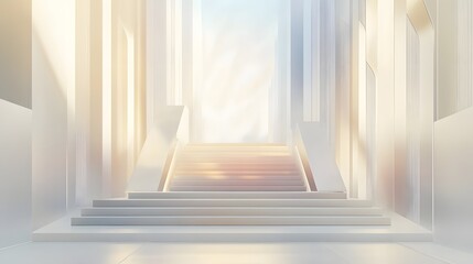 Obraz premium Modern white podium with sharp clean lines, illuminated from above with a soft white gradient backdrop and plenty of space.