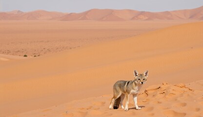 Naklejka premium Desert fox standing on sand dunes under the sun