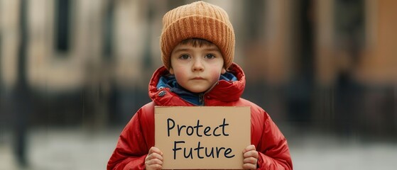A young child holds a sign advocating for a sustainable future in a vibrant urban setting.