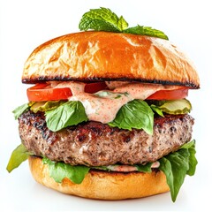 A succulent lamb burger with harissa yogurt sauce and mint leaves, isolated white background, impressionism art style