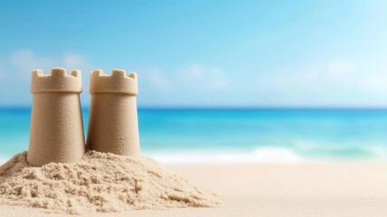 A serene beach scene featuring two sandcastles near the shoreline, perfect for summer relaxation and fun.