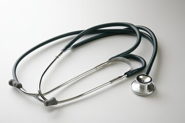 A dark-grey stethoscope lies on a white surface, its metal parts gleaming. The chest piece is prominently displayed.