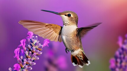 A hummingbird in flight, hovering near purple lavender flowers.