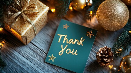 A teal thank you card rests among Christmas gifts, ornaments, pine branches, and fairy lights on a wood surface.