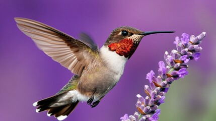 Fototapeta premium A vibrant hummingbird hovers near lavender blossoms, wings outstretched.