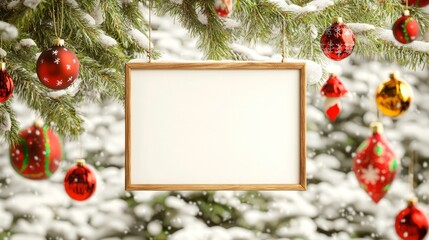 Festive Christmas Decorations on Vintage Sign Hanging from Snowy Tree Branch at Winter Wonderland