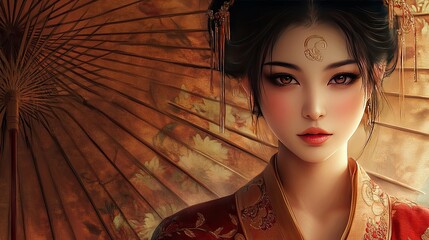Beautiful Asian woman in traditional dress, serene expression, elegant pose, ornate parasol background.