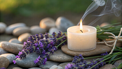 calming scene featuring lit candle surrounded by lavender flowers and smooth stones, creating serene atmosphere perfect for relaxation and meditation