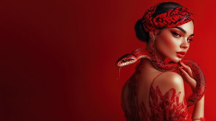 16K image of a beautiful woman with a red background and a red snake for a photo shoot in the studio